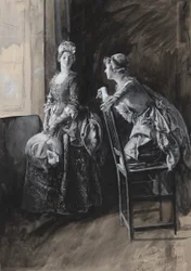 Miss Neville och Miss Hardcastle, illustration för Oliver Goldsmith