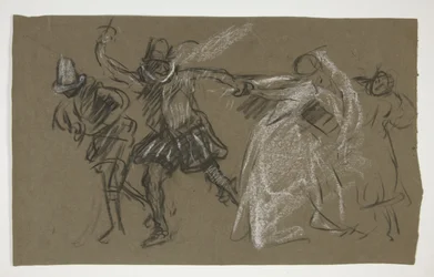 Petruchio drar Katharina, från Taming of the Shrew (recto); Skiss av sittande figur (verso)
