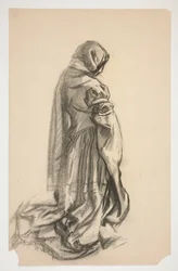 Skiss av en knästående kvinnlig figur i rosa klänning för Galahad the Deliverer, en av de heliga gralmålningarna på Boston Public Library