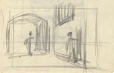 Gatubild med figurer (recto); Arkitektstudie (verso)