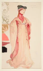 Drottningen (i rosa), kostymskiss för Henry Irving