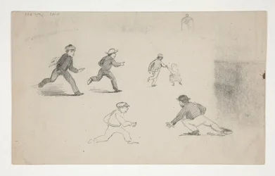 Tre studier (män med hästar, studie av huvud) (recto); Sex studier av löpande figurer, studie av ett klocktorn (verso)