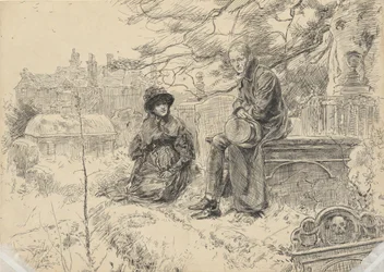 Två figurer på en kyrkogård