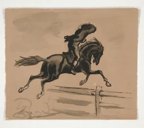 Oidentifierad illustration av en ryttare som hoppar ett staket (recto); Figurstudie av en gammal man (verso)