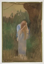 Kvinna i landskapet, kammar sitt långa, blonda hår - (oidentifierad illustration)