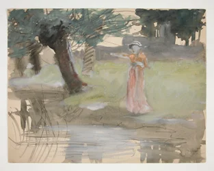 Kvinna som står vid en flodstrand - oidentifierad illustration