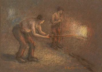 Två stokers vid en ugn (pastell & kol på papper)