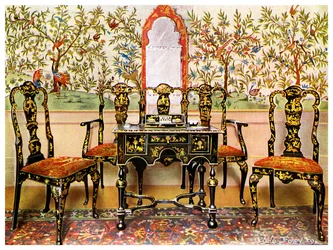 Svartlackad soffa, stolar och bord och rödlackerad spegel, 1910.