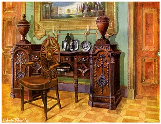 Snidad sockelskänk i mahogny och oval mastersstol med bakhjul, 1911-1912.