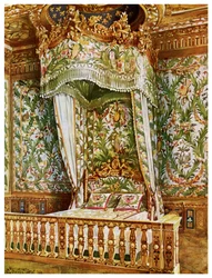 Förgylld stat säng av Marie Antoinette, Queens Bedroom, Palace of Fontainebleau, Frankrike, 1911-1912.