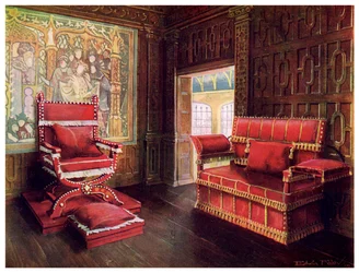 Klädd stol och soffa med justerbara gavlar, 1910.