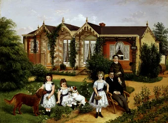 Alma Cottage 1874. Familjeporträtt i en trädgård framför ett lanthus. Målning av Edwin Frederick Holt (1800-tal ca 1910 brittisk) Privat samling