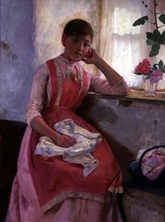 Porträtt av en flicka i ett rosa förkläde