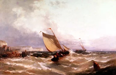 Fiskebåtar utanför en kustlinje