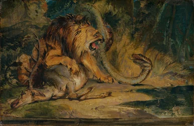 Lejon som försvarar sitt byte, c. 1840.