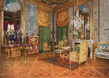 Salon de Musique för drottning Marie Antoinette, slottet Fontainebleau, Frankrike. Snidad och förgylld konsol. Förgylld soffa i Beauvais-tapeter. Bord med ormoluinfästning och Sevres-plaketter. Marqueterie-stuga