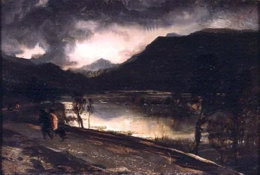 En sjöscen vid solnedgången