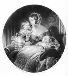 Drottningen, The Princess Royal och The Prince of Wales, graverad av R. Piercy, 1842