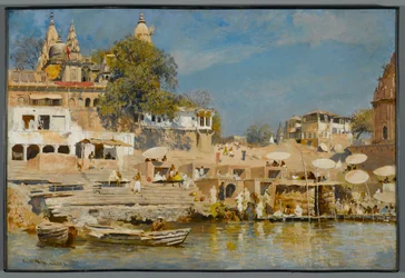 Tempel och badghat i Benares, 1883-85