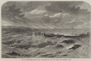 Douglas Breakwater, Isle of Man, skadad av den sena stormen