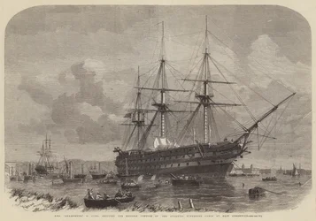 HMS Agamemnon, 91 Guns, fraktar den engelska delen av den atlantiska ubåtskabeln vid East Greenwich