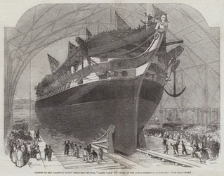 Sjösättning av Hennes Majestäts skruvkrigsskepp James Watt (90 kanoner) vid Royal Dockyard i Pembroke.