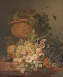 Stilleben med blommor och frukt