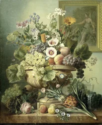 Stilleben med blommor och frukt