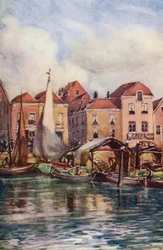 Rhen: Dordrecht, Fiskmarknaden (färglitografi)