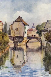 Floden Rhen: Gamla bron vid Kreuznach (färglitografi)