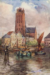 Rhen: Groote Kerk, Dordrecht (färglitografi)
