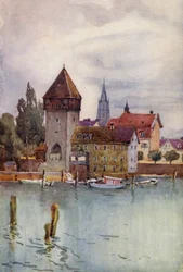 Rhen: Rheinturm, Konstanz, Konstanz (färglitografi)