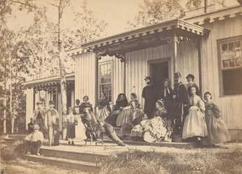 Grupp på veranda, 1860-talet.