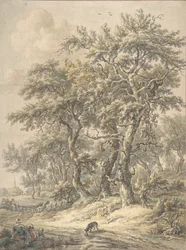 Kvinna och barn som sitter bredvid en väg, 1760-1818.
