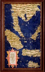 Indonesien: Sumatra, Malacka, Borneo, Java. Karta utförd av Egnazio Danti (1536-1586), italiensk matematiker, kosmograf och arkitekt. Omkring 1567. Florens, Palazzo Vecchio, Sala del Mappamondo
