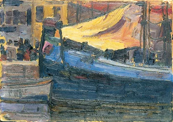 Förankrade båtar med husvägg i bakgrunden, 1908