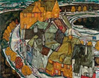 Crescent of houses II (Östad) - Målning av Egon Schiele (1890-1918), olja på duk