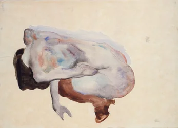 Hukande naken i skor och svarta strumpor, bakifrån, 1912 (wc, gouache och grafit på papper)