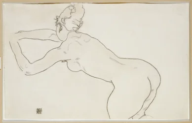 Knästående kvinnlig nakenstudie, framåtböjd åt vänster, 1918