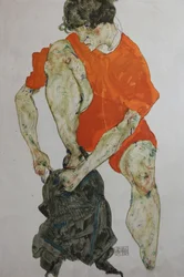 Kvinnlig modell i röd dräkt, 1914.