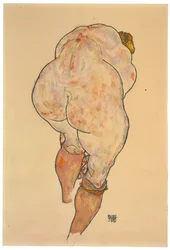 Kvinnlig nakenstudie som drar upp strumporna, sedd bakifrån, 1918