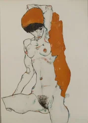 Kvinnlig nakenstudie med orange-rött tygstycke, 1914