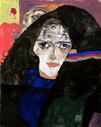 Mourning Woman - Målning av Egon Schiele (1890-1918), olja på trä (42,5x34 cm)