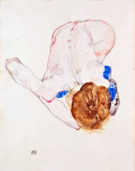 Naken kvinna med blå strumpor, framåtböjd - Gouache på papper av Egon Schiele (1890-1918)
