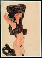 Knästående flicka som klär av sig (gouache, akvarell och blyerts)