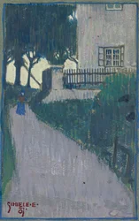 Landskap med hus, träd och kvinnofigur av Schiele, Egon (1890-1918)