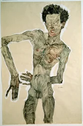 Manlig nakenstudie (Självporträtt). Teckning av Egon Schiele (1890-1918), 1910. Mått: 55,7 x 36,8 cm. Wien, Graphische Sammlung Albertina