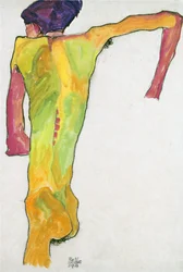 Naken man, stöttar sig - Schiele, Egon (1890-1918) - 1910 - Gouache på papper - 44,7x30,2 - Leopoldmuseet, Wien