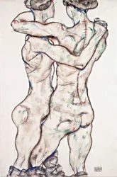Nakna tjejer omfamnar - Schiele, Egon (1890-1918) - 1914 - Svart krita, Gouache på papper - 48x31,2 - Leopold Museum, Wien