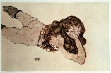 Naken feminin med platt mage. Teckning av Egon Schiele